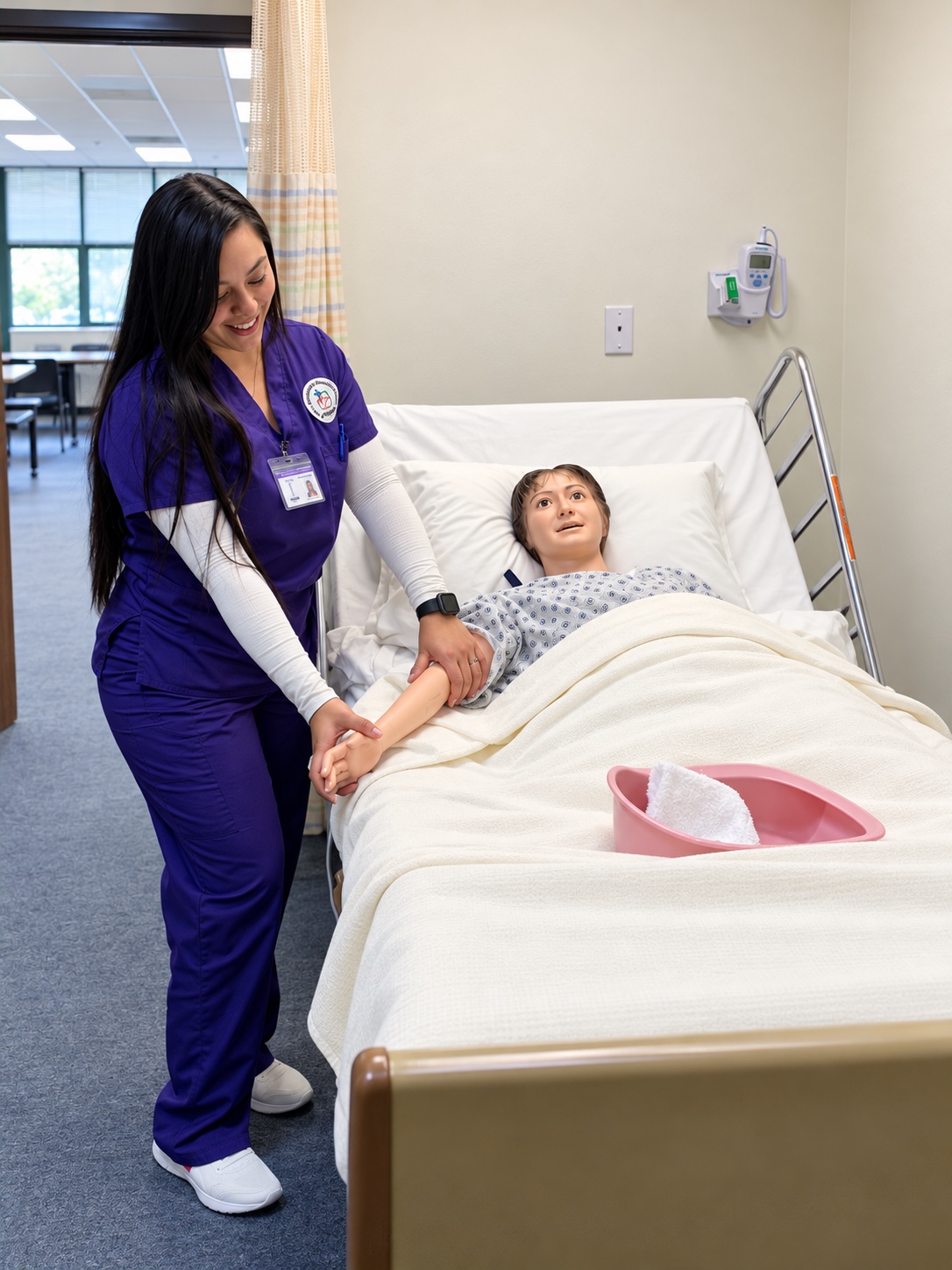 An instructor demonstrating bedside care using a training mannequin