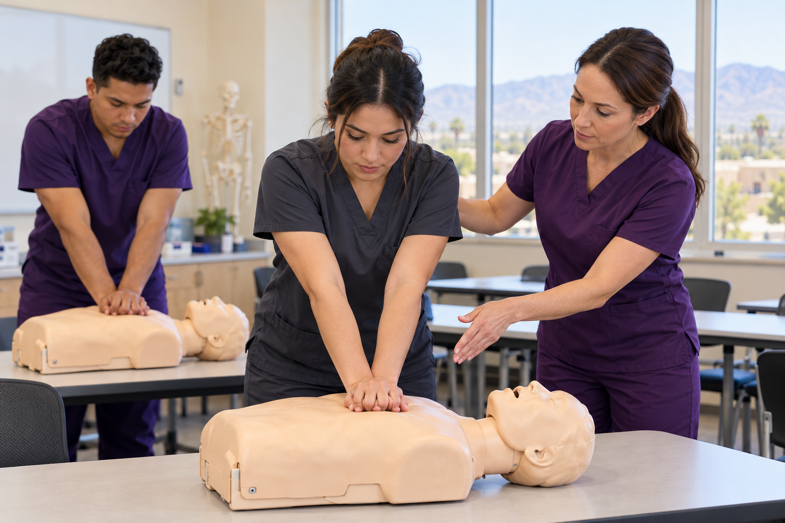 Illustration of healthcare students practicing CPR on training manikins with an instructor